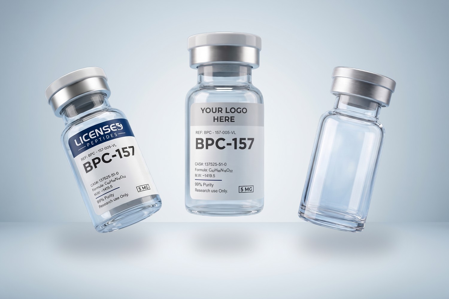 Three labeling formats, unlabeled, Licensed Peptides branded, and custom-branded vials